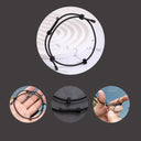 A composite image showing multiple views of a black tactical handcuff key, including on a desk, in a hand, a close-up of the adjuster, and worn on a wrist.