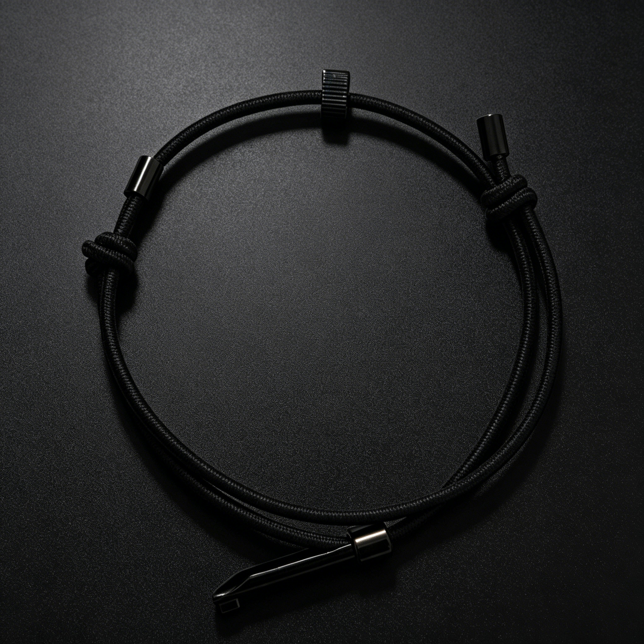 A black tactical handcuff key worn as a bracelet, featuring an adjustable cord, sliding bead, and a metal key insert, displayed on a dark background.