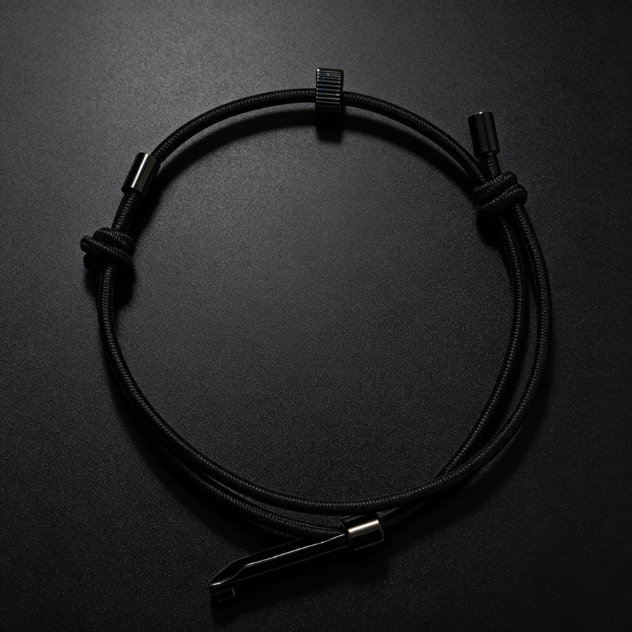 A black tactical handcuff key worn as a bracelet, featuring an adjustable cord, sliding bead, and a metal key insert, displayed on a dark background.