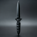 Close-up of the dagger blade, featuring a sharp black tip and aggressive spine lines. The cross guard includes anti-slip serrations, while the handle showcases a wave-pattern textured grip with a strong metallic finish.