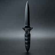Close-up of the dagger blade, featuring a sharp black tip and aggressive spine lines. The cross guard includes anti-slip serrations, while the handle showcases a wave-pattern textured grip with a strong metallic finish.