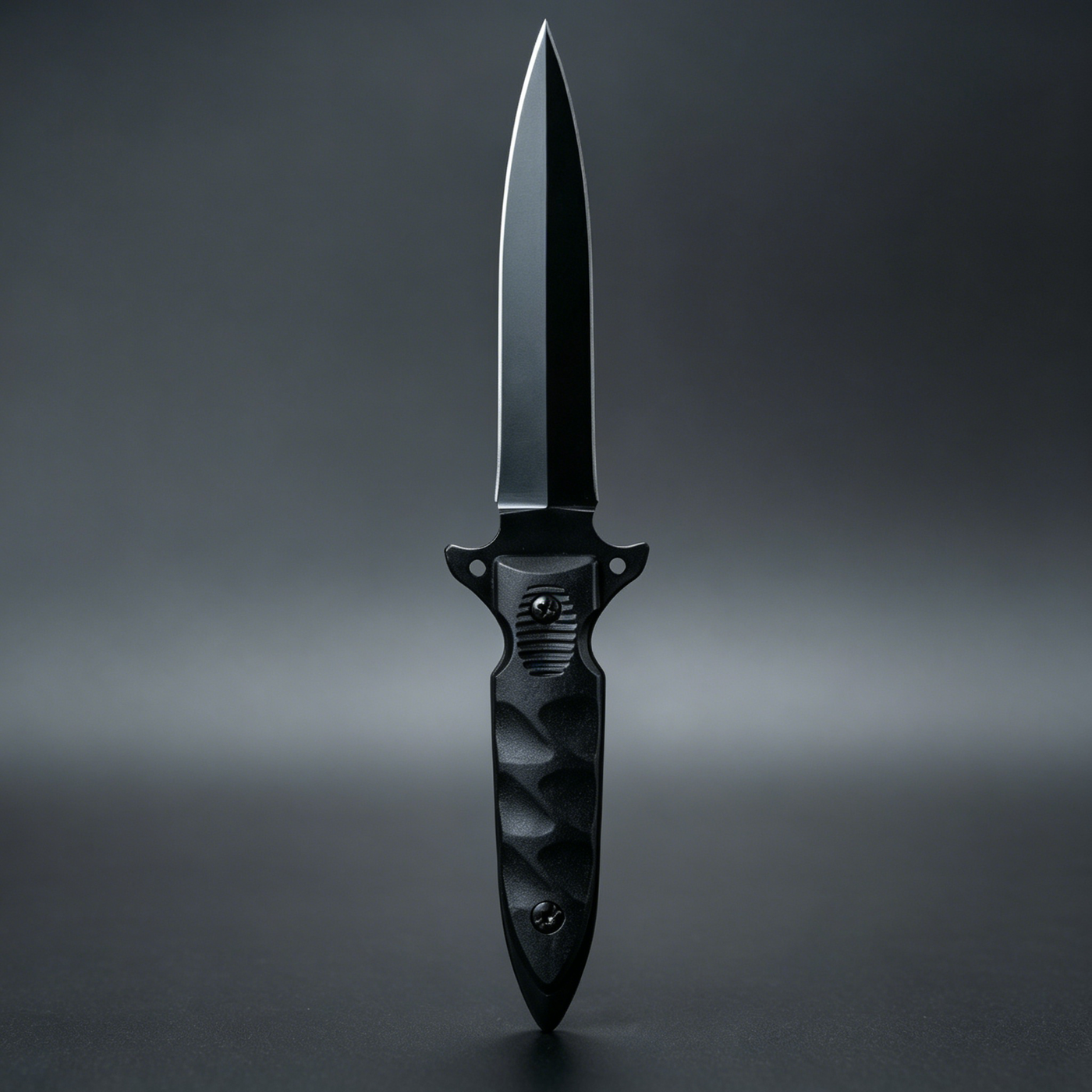 Close-up of the dagger blade, featuring a sharp black tip and aggressive spine lines. The cross guard includes anti-slip serrations, while the handle showcases a wave-pattern textured grip with a strong metallic finish.