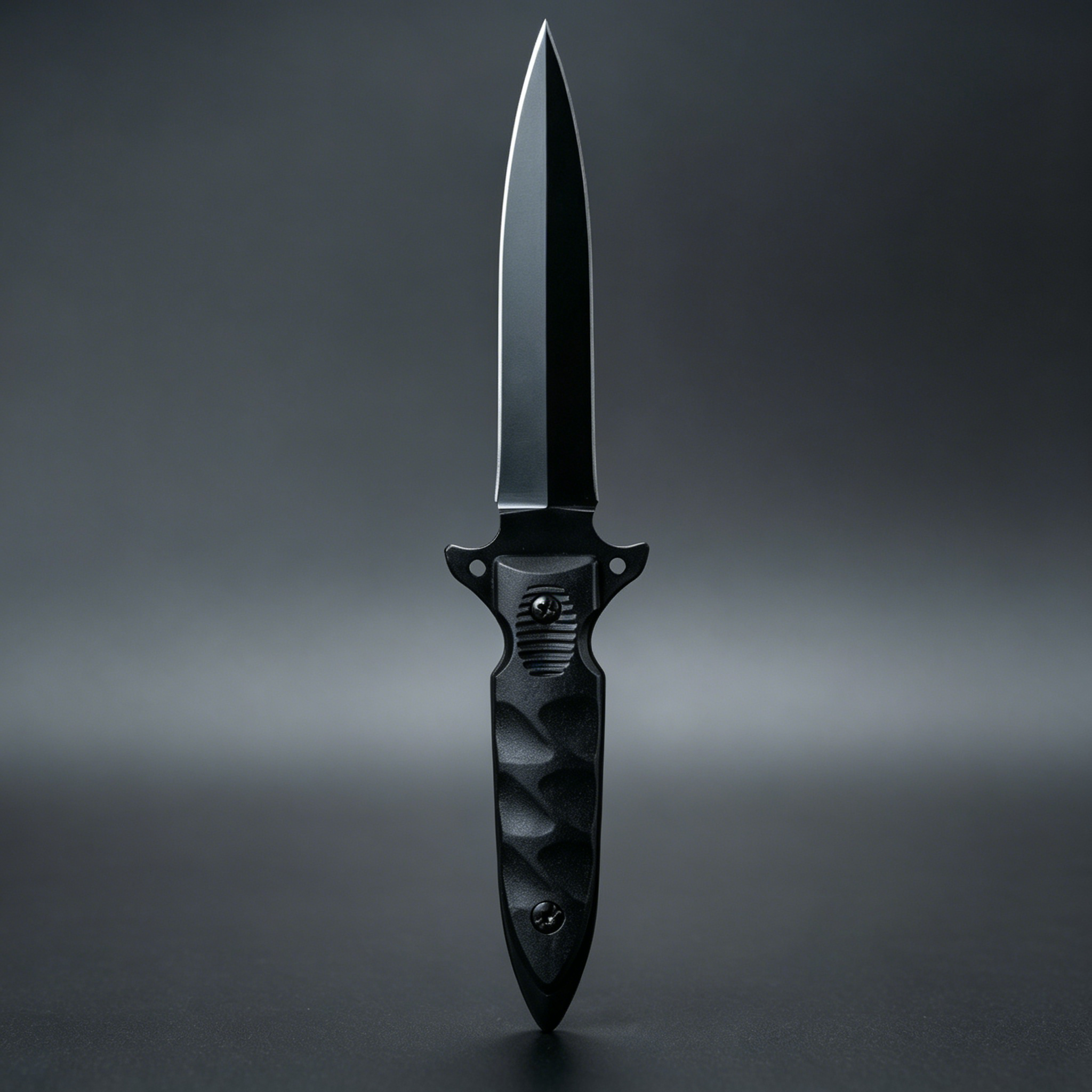 Close-up of the dagger blade, featuring a sharp black tip and aggressive spine lines. The cross guard includes anti-slip serrations, while the handle showcases a wave-pattern textured grip with a strong metallic finish.
