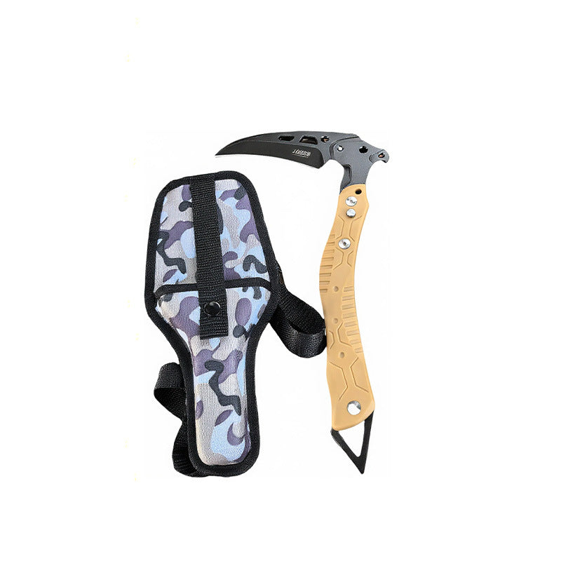 Tactical multi-purpose pick with a sand-colored handle and black curved head, paired with a blue-gray camouflage nylon carry sheath. Ideal for outdoor survival, emergency breaching, and utility use.