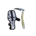 Tactical multi-purpose pick with a sand-colored handle and black head, featuring a camouflage nylon tactical sheath and attachment straps. Ideal for outdoor survival and breaching tasks.