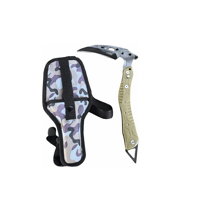 Tactical multi-purpose pick with a sand-colored handle and black head, featuring a camouflage nylon tactical sheath and attachment straps. Ideal for outdoor survival and breaching tasks.