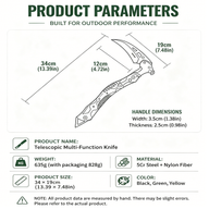 Telescopic Multi-Function Knife Product Specs Image: Made of 5Cr steel with a nylon fiber handle, total length 34 cm, blade length 19 cm, weight 635 g, available in black, green, and yellow.