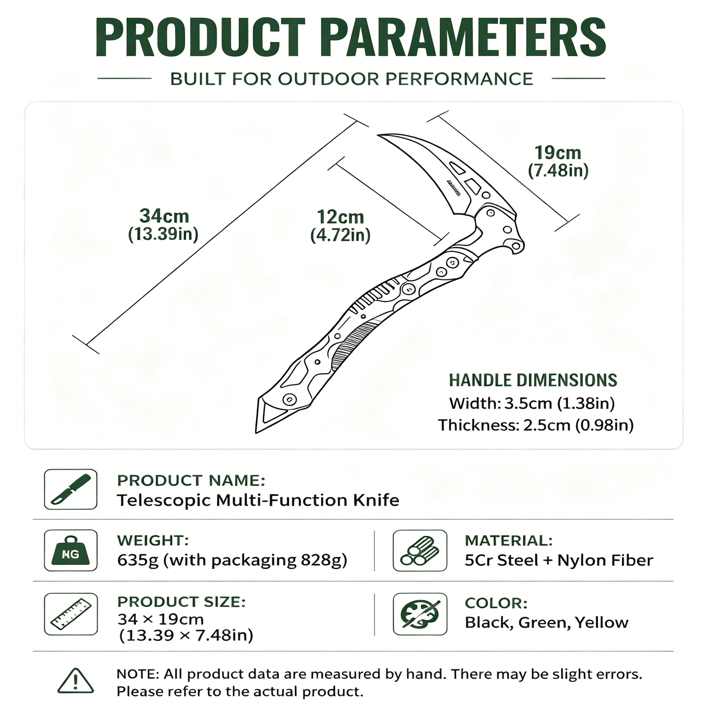 Telescopic Multi-Function Knife Product Specs Image: Made of 5Cr steel with a nylon fiber handle, total length 34 cm, blade length 19 cm, weight 635 g, available in black, green, and yellow.