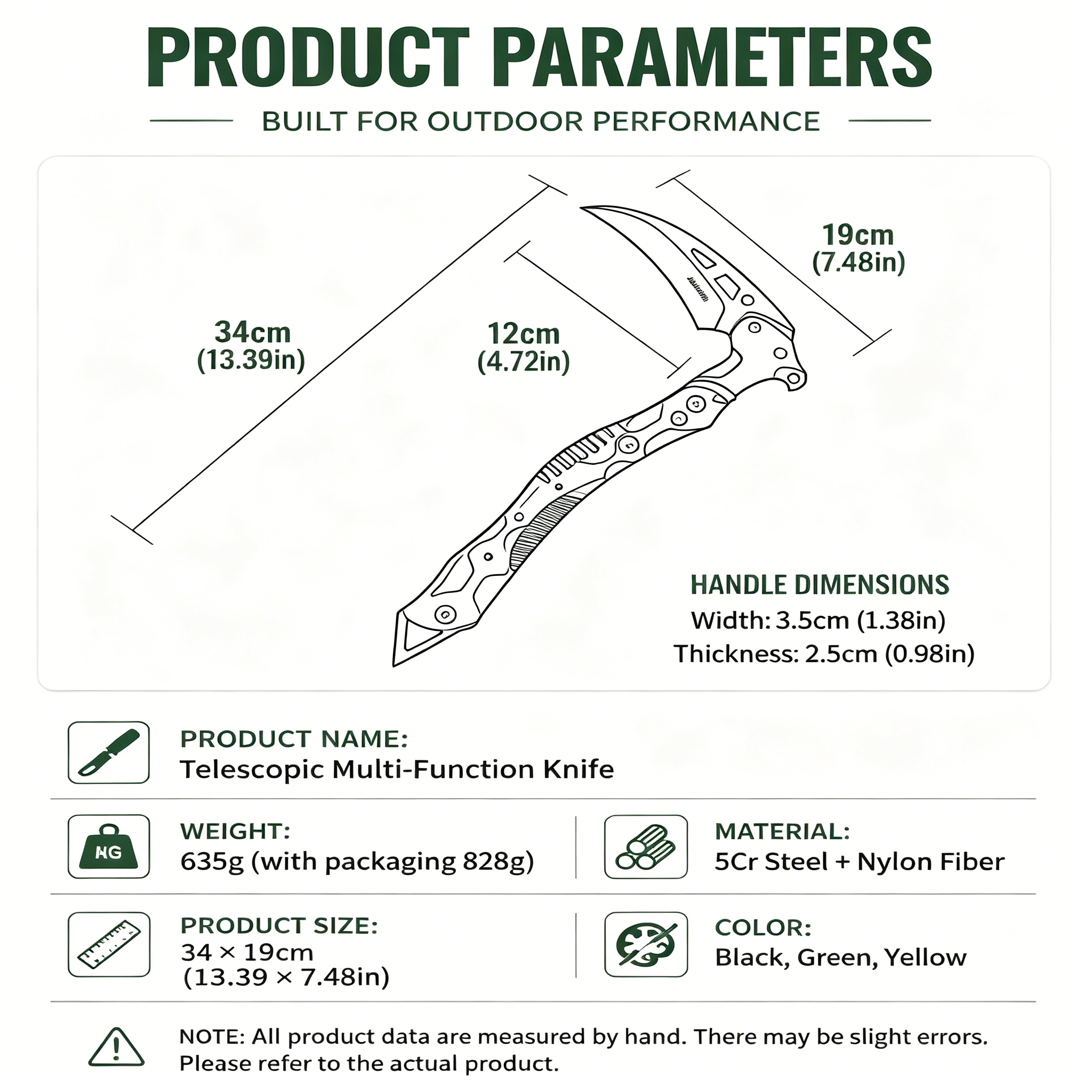 Telescopic Multi-Function Knife Product Specs Image: Made of 5Cr steel with a nylon fiber handle, total length 34 cm, blade length 19 cm, weight 635 g, available in black, green, and yellow.