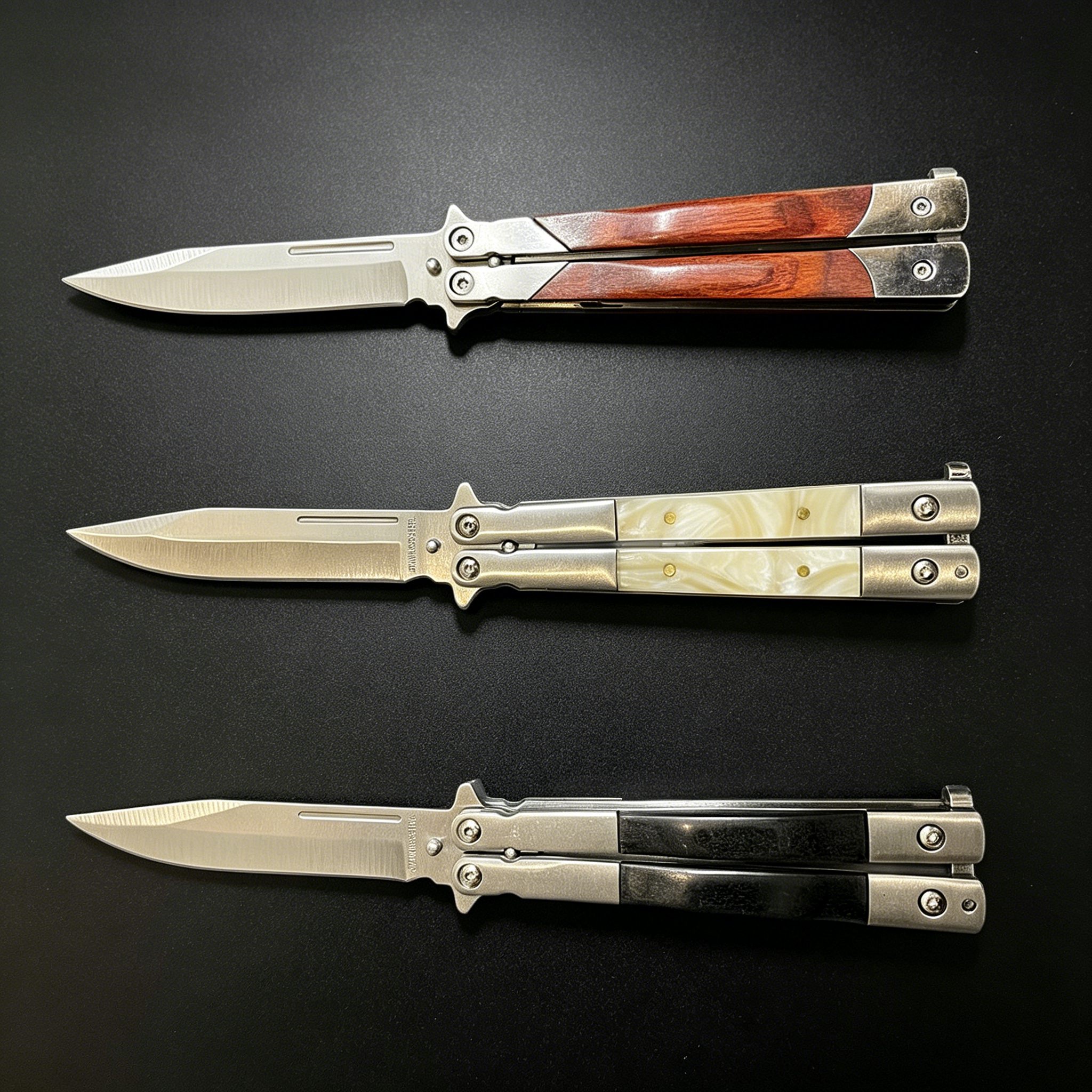 Three open balisong butterfly knives with silver blades and different handle materials: wood, pearl, and black, displayed horizontally on a dark background.