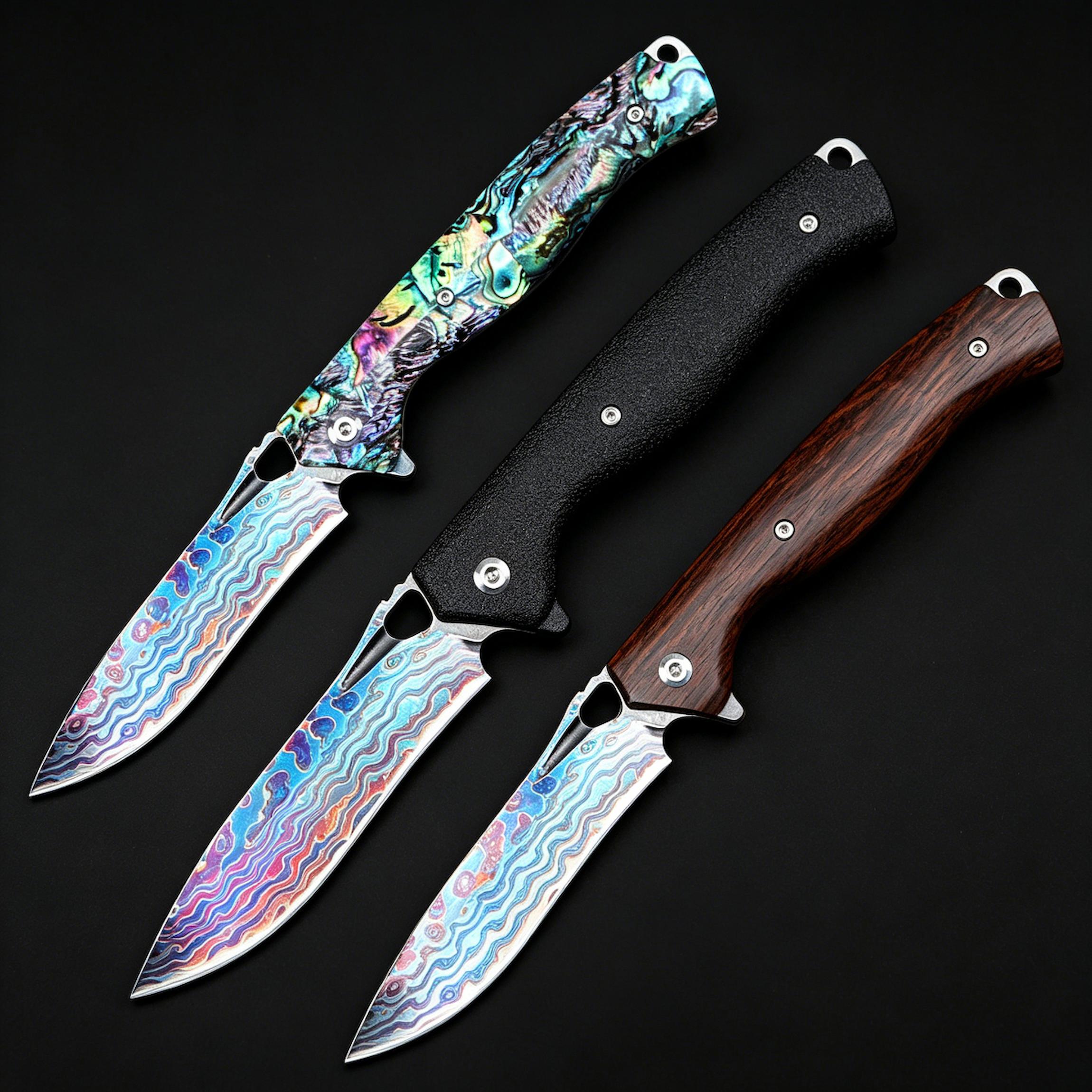 Three different EDC folding knives displayed on a black background, featuring colorful Damascus/Titanium patterned blades and handles in shell, matte black, and dark wood finishes.
