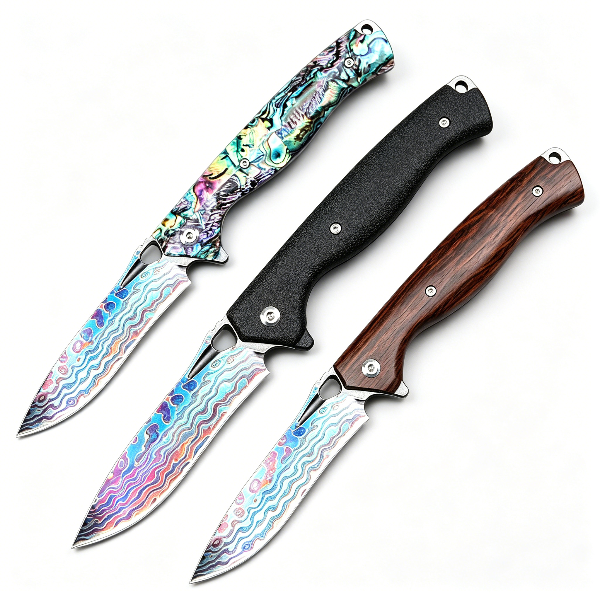 Three folding knives with different handle materials displayed on a white background, showcasing stunning rainbow-colored Damascus/Titanium blades, perfect for EDC outdoor carry and collection.