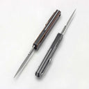 Two open out-the-front knives with slim blades, one with a grey handle and one with a bronze handle, displayed on a white background.