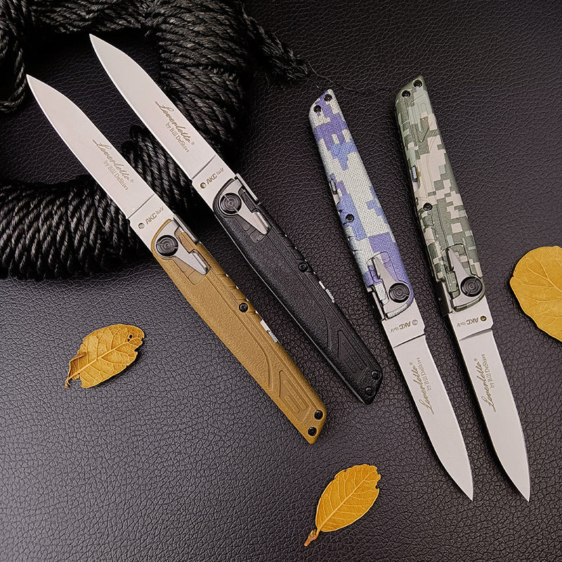 Two open and two closed folding knives arranged diagonally on a dark leather surface next to a thick rope and dried autumn leaves.