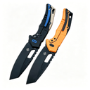 Two tactical folding knives with black blades and handles featuring blue and orange accents, displayed on a white background.