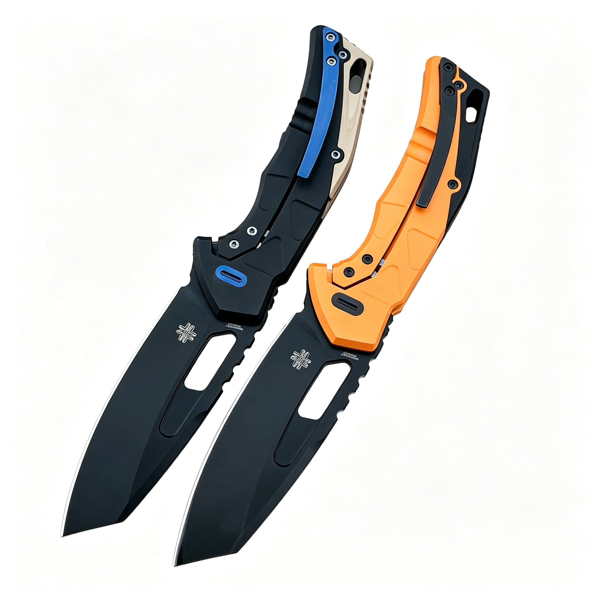 Two tactical folding knives with black blades and handles featuring blue and orange accents, displayed on a white background.