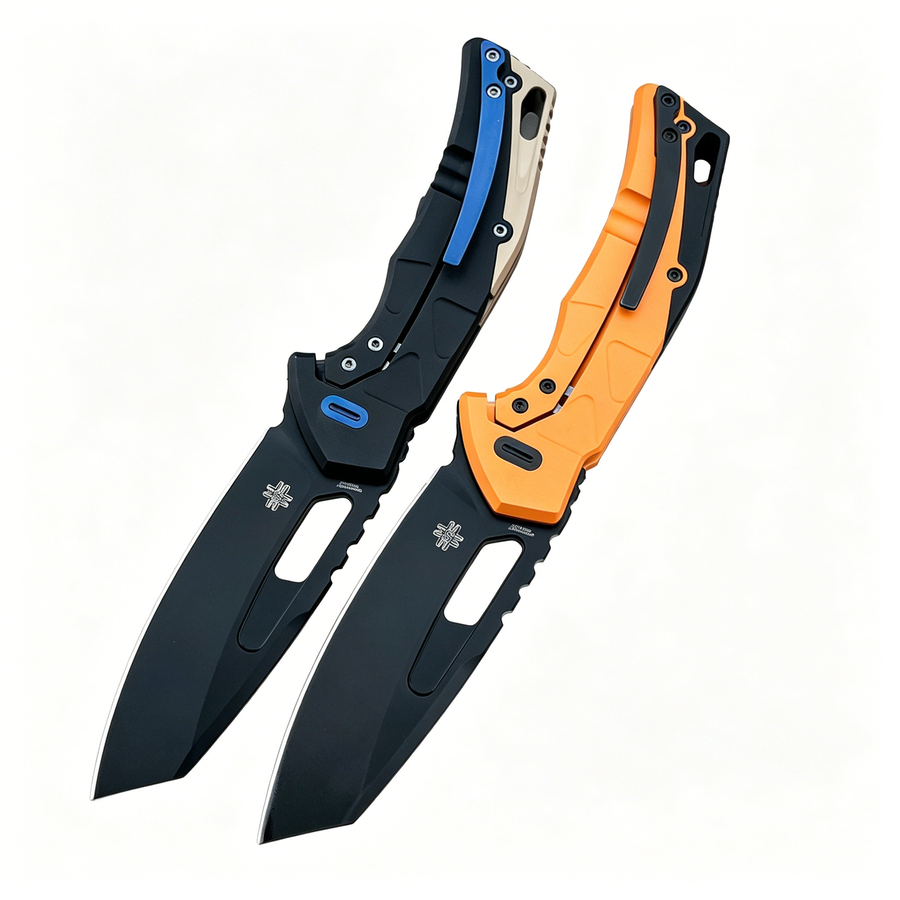 Two tactical folding knives with black blades and handles featuring blue and orange accents, displayed on a white background.