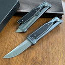 Two tactical folding knives, one partially open and one closed, displayed on a wooden background.