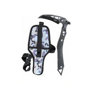 black tactical multi-purpose pick featuring a curved pick head, lightweight skeletonized handle, and anti-slip texture, paired with a blue-gray camouflage nylon carry sheath. Ideal for outdoor survival, emergency breaching, and tactical gear collection.