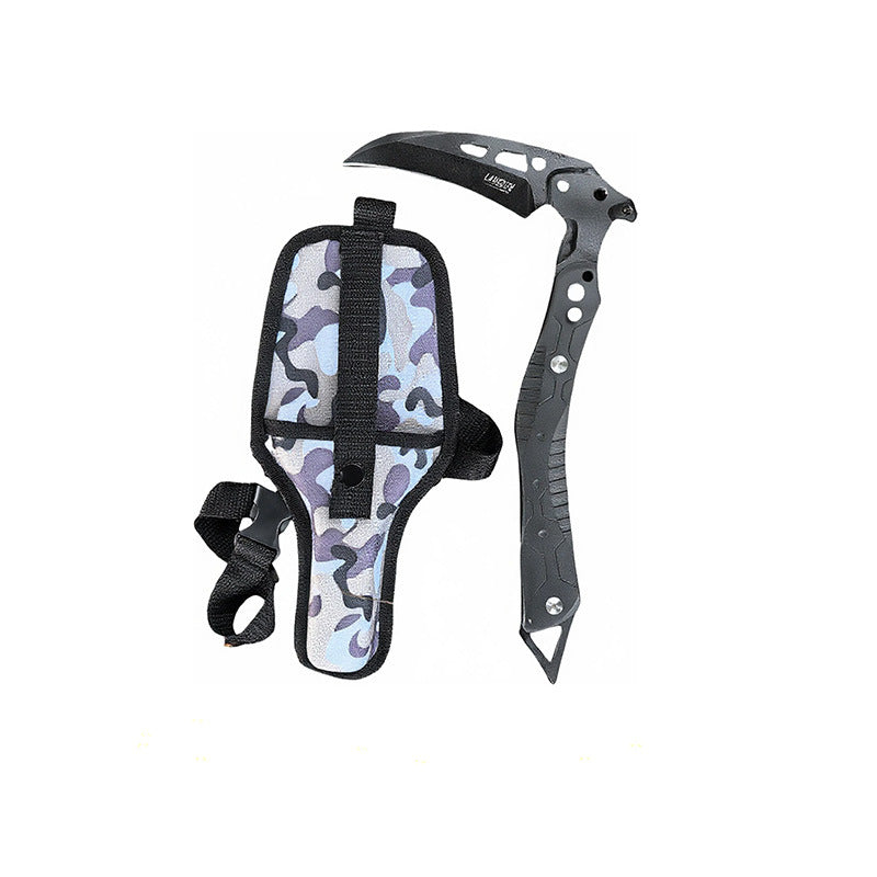 black tactical multi-purpose pick featuring a curved pick head, lightweight skeletonized handle, and anti-slip texture, paired with a blue-gray camouflage nylon carry sheath. Ideal for outdoor survival, emergency breaching, and tactical gear collection.