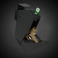 Wall-mounted pistol safe with fingerprint and password access for secure firearm storage.