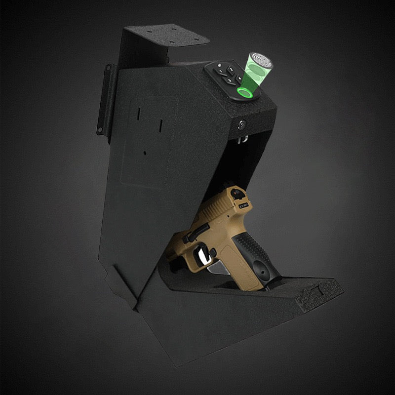 Wall-mounted pistol safe with fingerprint and password access for secure firearm storage.