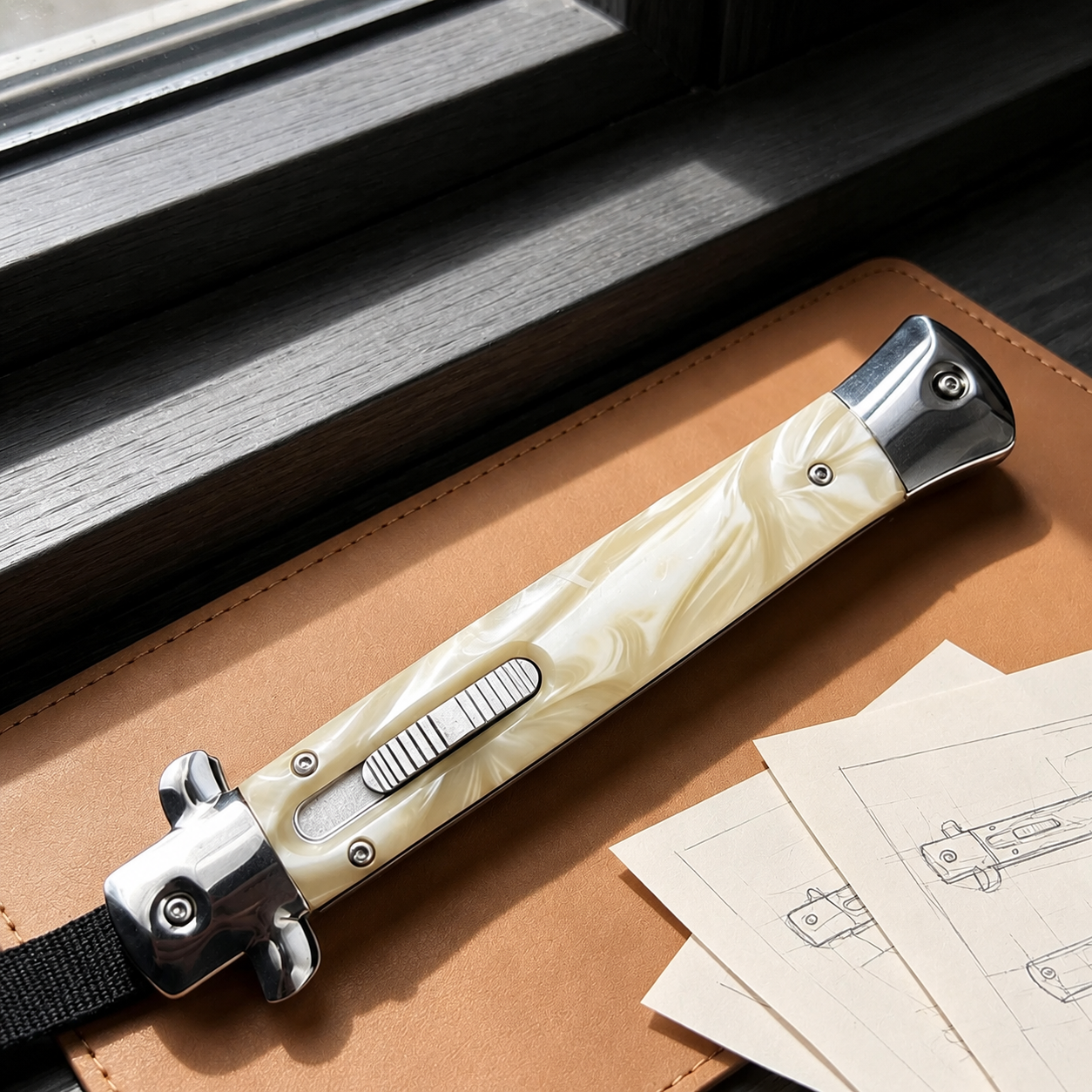 A closed stiletto knife with a white pearl resin handle and silver hardware, resting on a leather notebook next to black sheath straps and technical sketches.