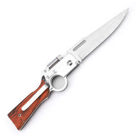 A close-up of an open folding knife with a silver blade, wooden handle, and visible finger ring mechanism, displayed on a white background.